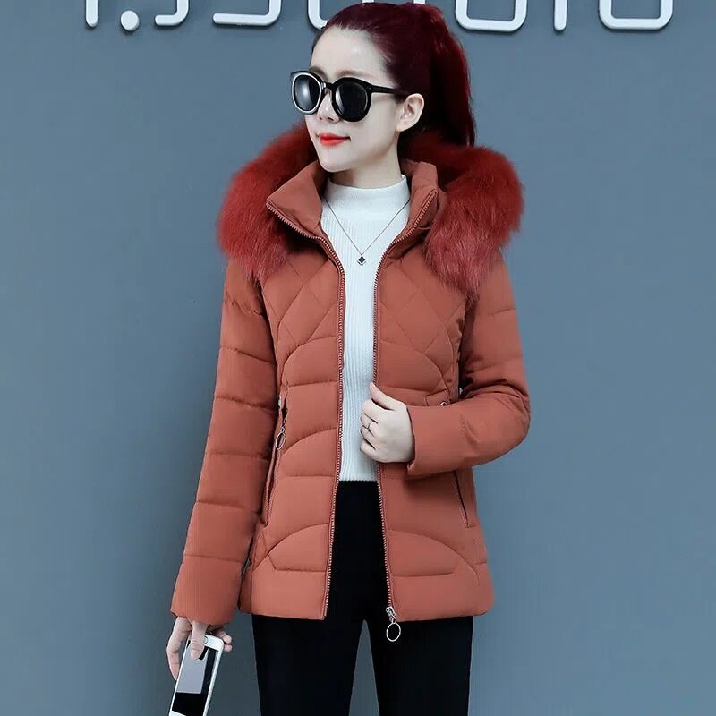 Removable Parkas Hat Winter Padded Jacket 2023 Short Slim Fit Thickened Big Fur Collar Down Cotton Coat Women