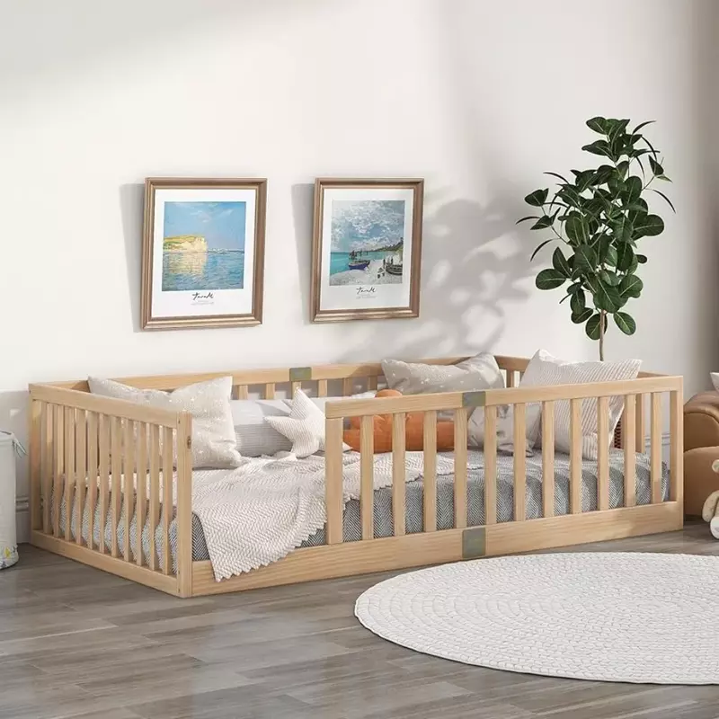 Camas gemelas con rieles de seguridad, camas de piso Montessori para niños, marcos de cama de piso de madera para niños
