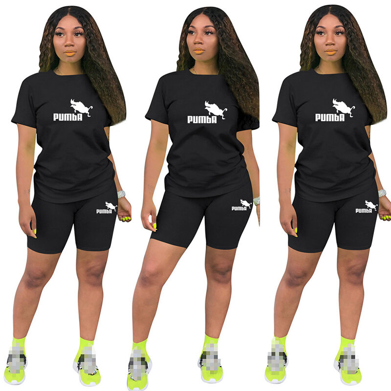 Atasan Kaus Leher-o Lengan Pendek Musim Panas + Set Pendek Pensil Pakaian Olahraga Kaus Grafis Pakaian Jogging Wanita Set Dua Potong