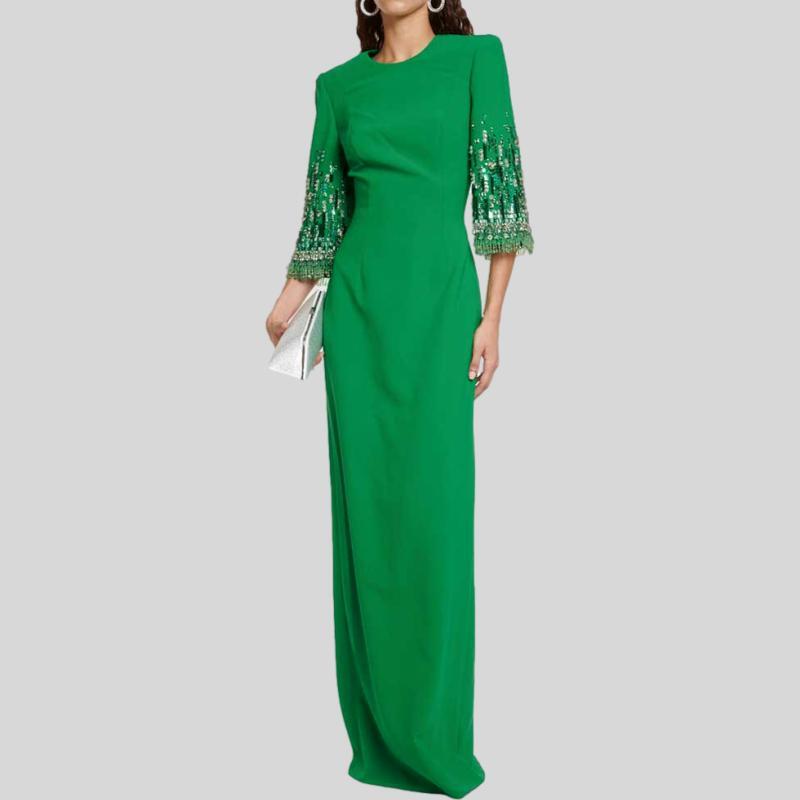 Bohemian bridal dress high-end glitter green black temperament round neck mid sleeve long presiding dress
