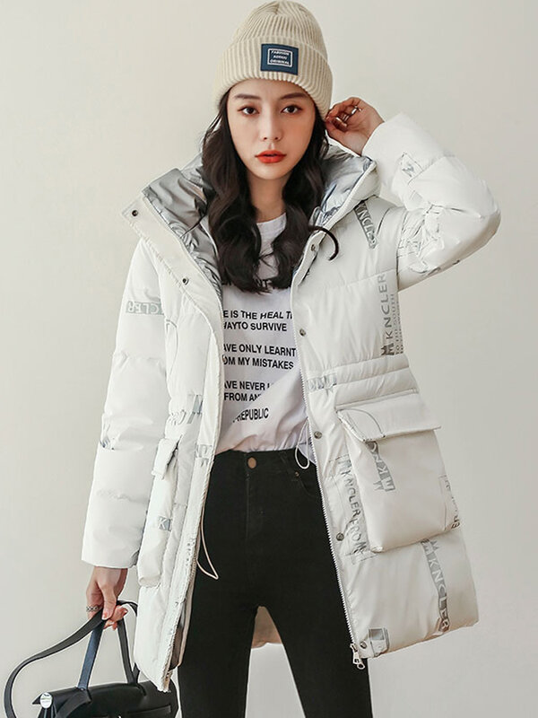 Jaqueta de comprimento médio feminina com capuz, casaco de algodão grosso coreano, casual versátil, elegante, alta qualidade, novo, inverno, 2023
