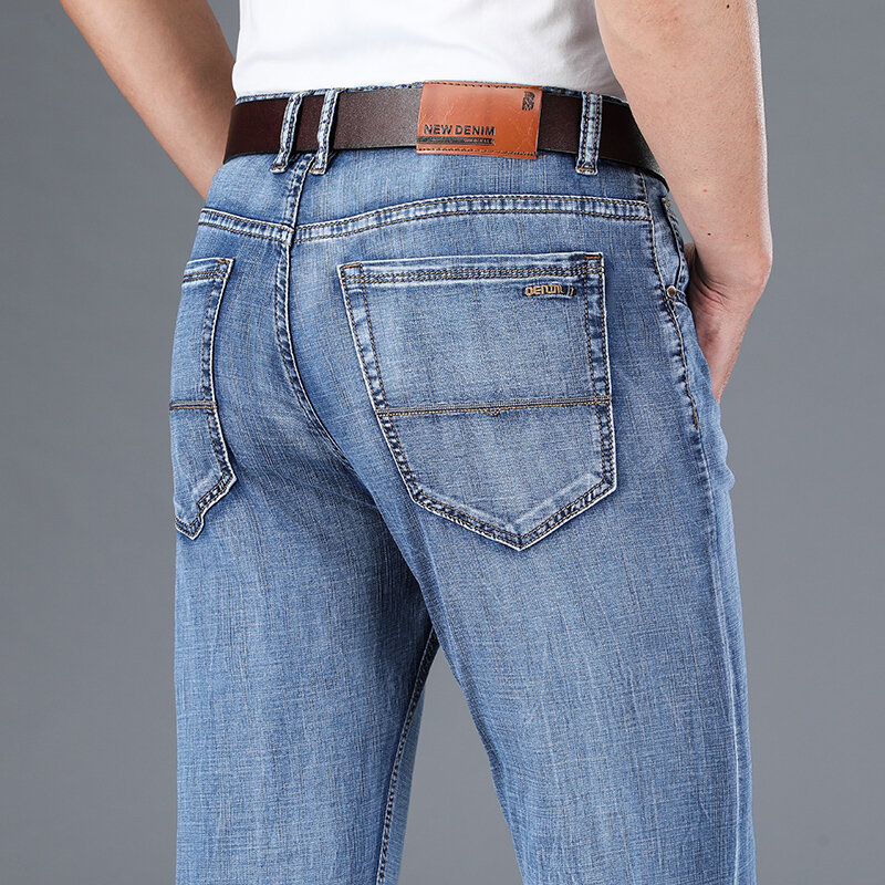 SHAN BAO Musim Semi/Musim Panas 2022 Jeans Denim Lurus Ketat Ringan Merek Bisnis Kasual Jeans Tipis Pinggang Tinggi Pria