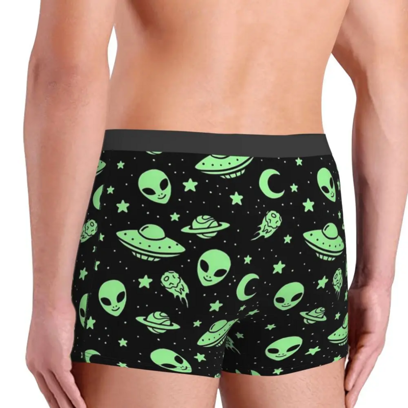 UFO e Alien Padrão Mid Cintura Boxer Shorts para Homens, Roupa Interior Engraçada Masculina, Plus Size Cuecas