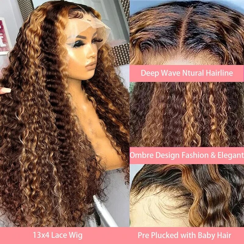 Peluca de cabello humano rizado con encaje Frontal para mujer, postizo de 30 y 32 pulgadas, color marrón miel, 13x4 degradado