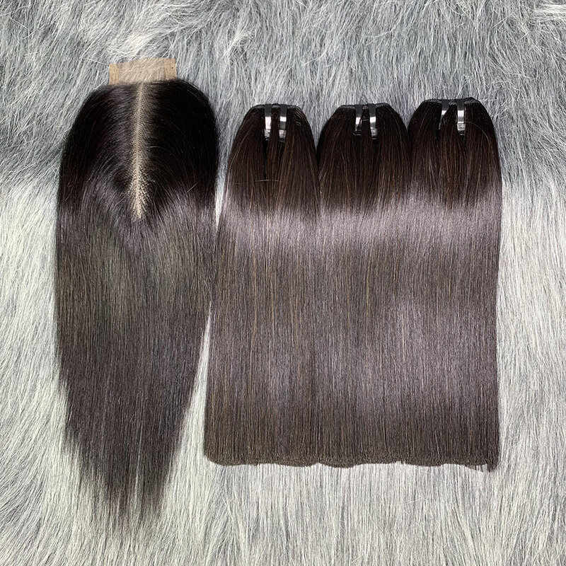 Mechones de cabello humano liso con cierre de encaje Kim K, mechones de cabello humano sin procesar 100% 12A, color negro natural, 3 mechones con cierre 2x6