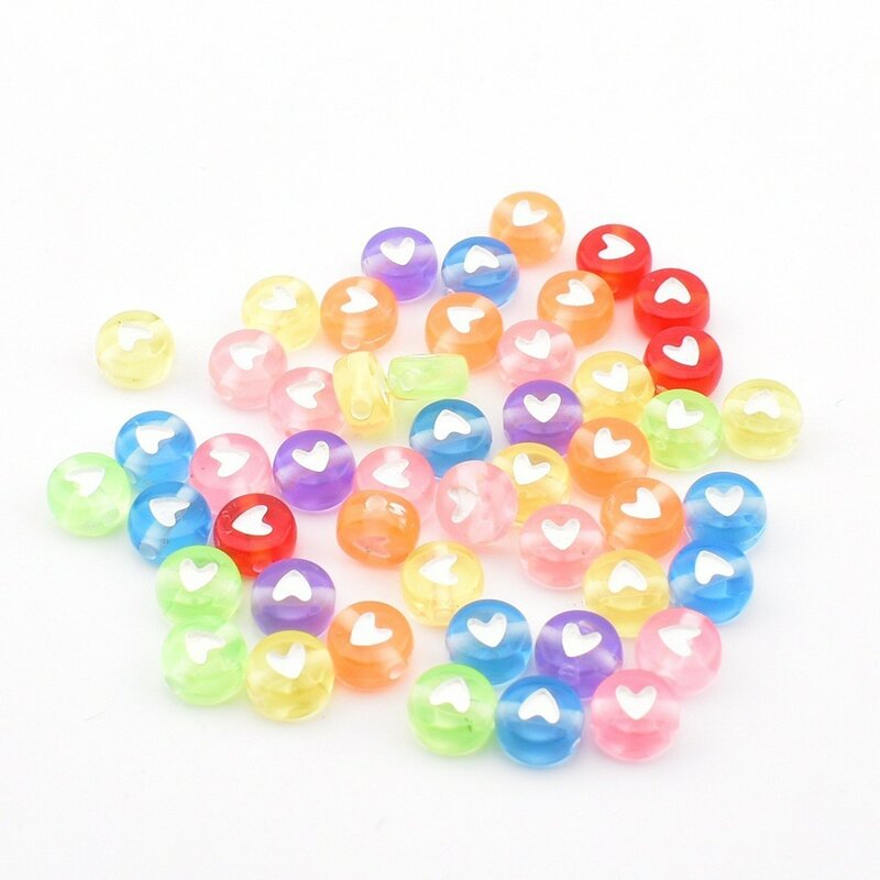 Perles rondes transparentes en acrylique pour la fabrication de bijoux, fond coloré, perles d'amour blanches, bricolage, 7x4x1mm, 50 pièces par lot