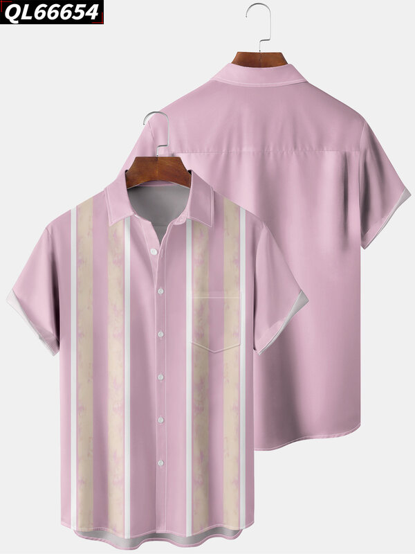 Camisa social padrão listrado para homens e mulheres, alta qualidade, camisas de bolso havaianas, streetwear casual, tops de botão, novo
