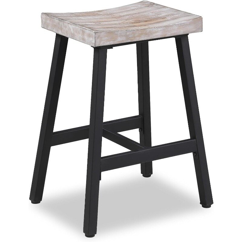 Bangku Bar, bangku Bar tinggi meja, Set 2, bangku sadel kayu Solid coklat dengan kaki logam, bangku meja dapur 24 inci