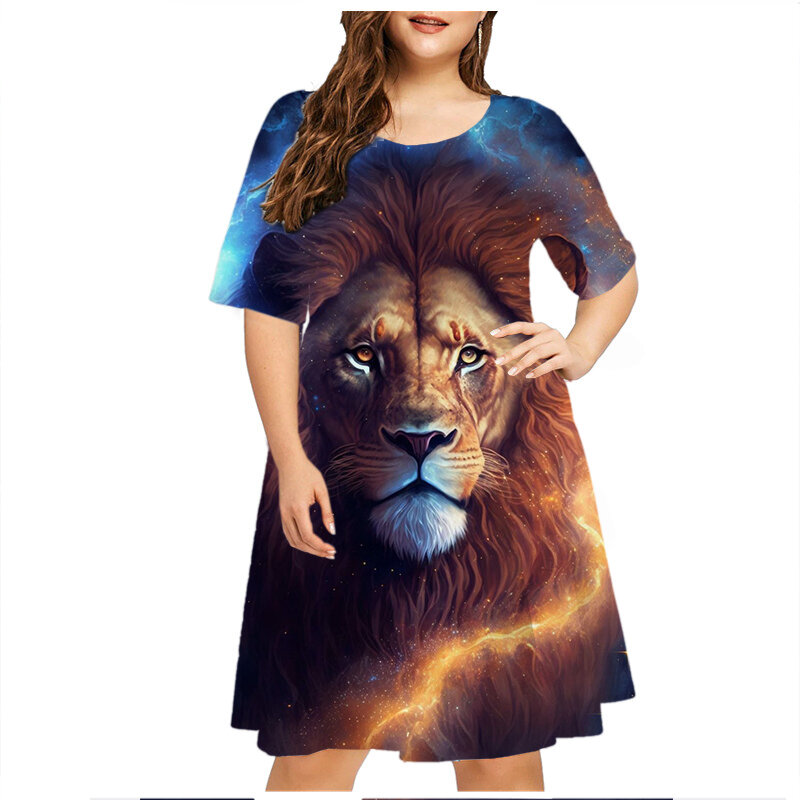 Vestido de verano de manga corta con estampado de León para mujer, ropa informal holgada con cuello redondo, talla grande, 2023