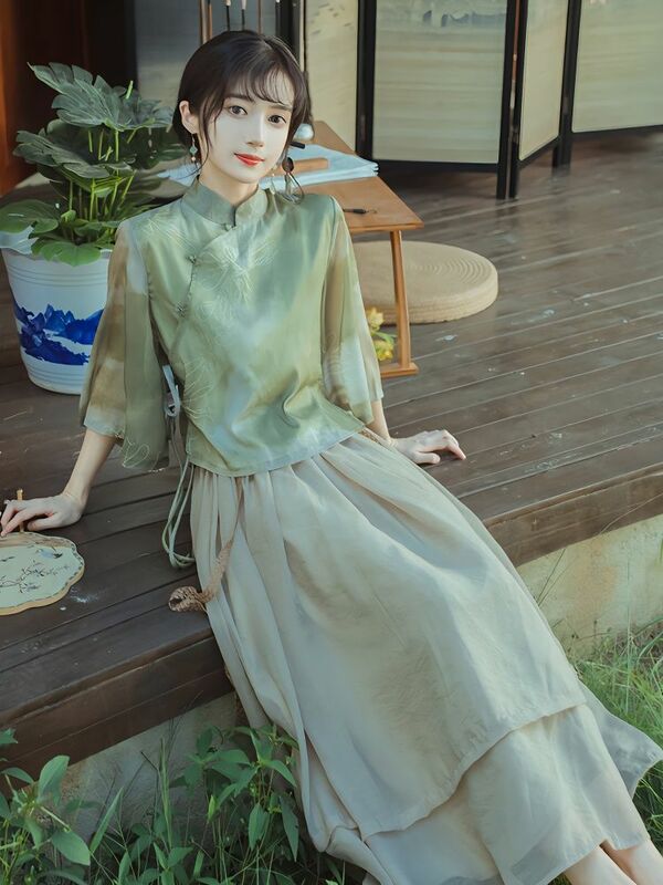 ชุดฮั่นฝูของผู้หญิงแบบดั้งเดิมชุดฮั่นฝูประเทศจีนชุดชุดคอสเพลย์ผู้หญิงสีเขียวชุดฮั่นฝู