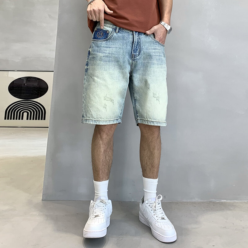 Light Colored High Street Trendy Brand Loose Straight Casual Men'S Denim Capris Summer Thin And Simple Retro Shorts