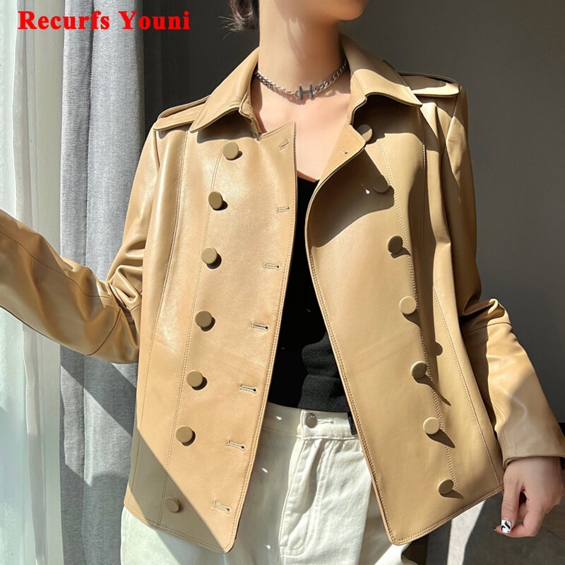 Jaqueta de couro genuíno retrô feminina, casaco trespassado, curto, solto, monocromático, estilo de Hong Kong, inverno, 2023