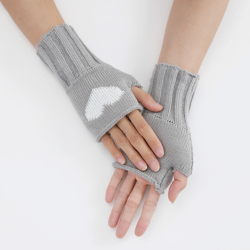 Malha meio-dedo luvas com coração bordado, lã braço mais quente, Crochet japonês, luvas sem dedos, impressão, Y2k, inverno