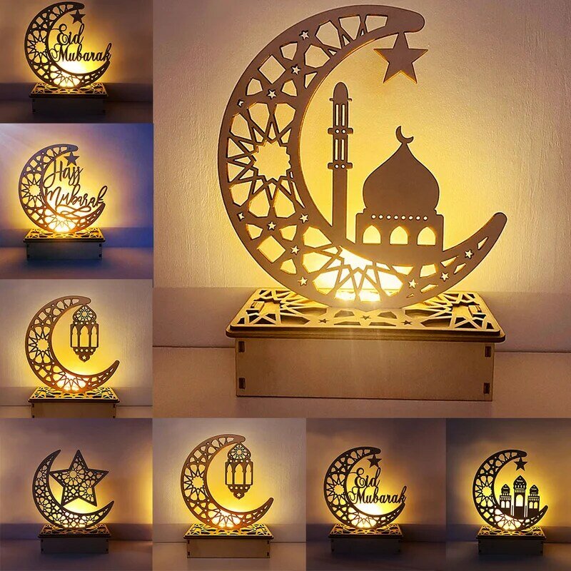 Luces decorativas de Luna y estrella de madera para decoración de dormitorio, lámparas decorativas para fiesta de Ramadán, 2023