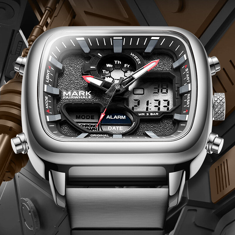 2024 Modeuhr für Herren Marke Mark Fair whale Luxus Edelstahl Quarz Armbanduhren multifunktion ale Dual-Display-Uhr
