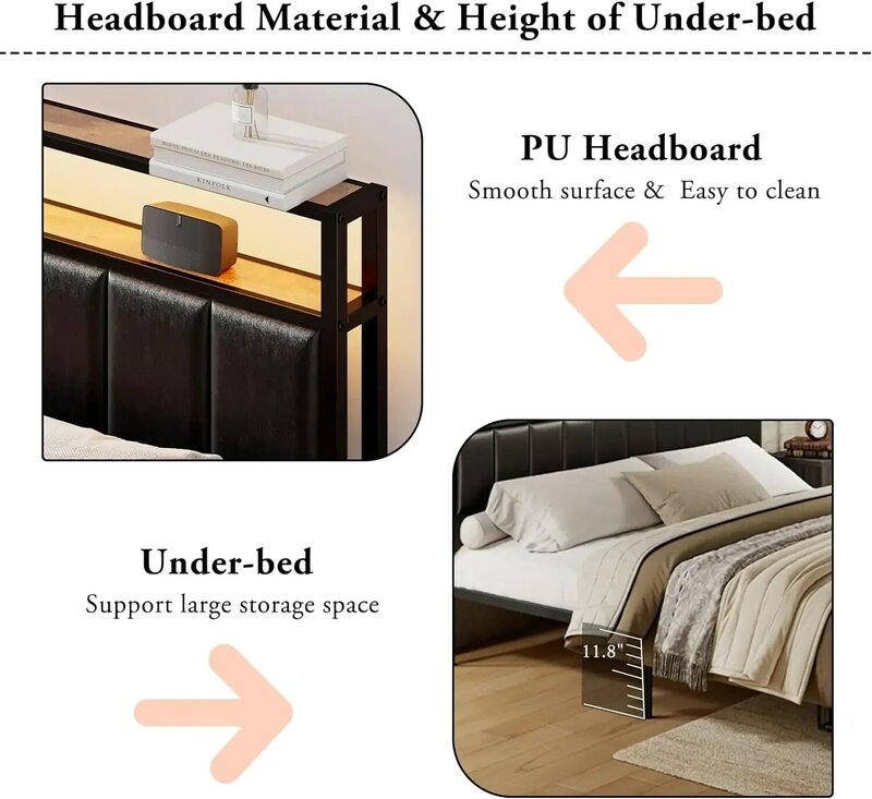 Voll-/Bett-/Kingn-Bett rahmen mit 2 Schubladen, 2-stufigem PU-Kopfteil mit Ladestation und LED-Leuchten, Metall plattform bett