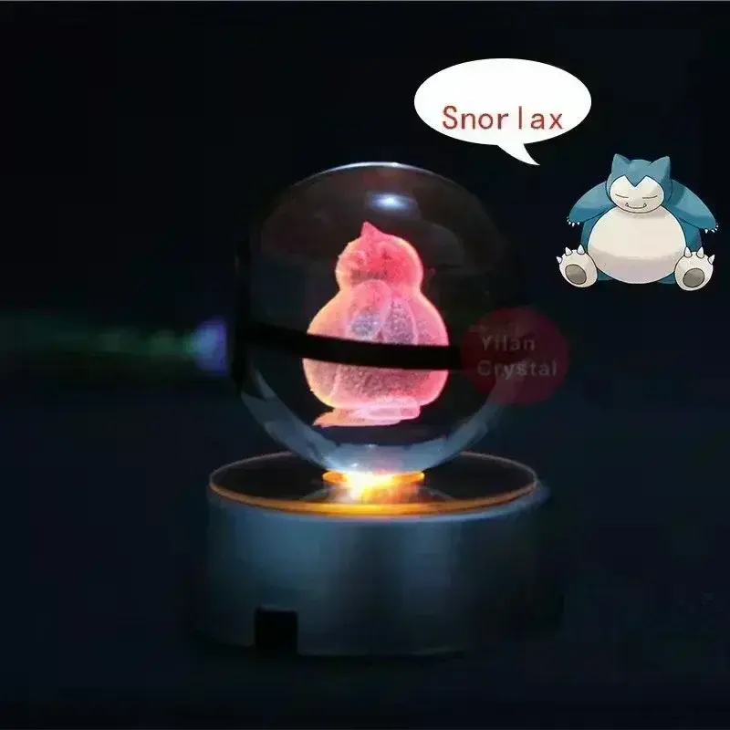 Pokemon ลูกบอลคริสตัล3D ของเล่น Snorlax Mewtwo Pikachu Figures Pokémon แกะสลักชุดพร้อมฐานไฟ LED เด็กของขวัญสะสม