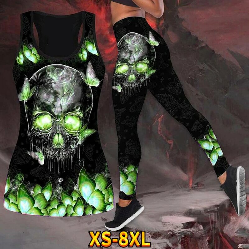 Skull Print Ladies Yoga Pants Peach Butt Quick Dry Breathable Vest Set Object Print Body XS-8XL