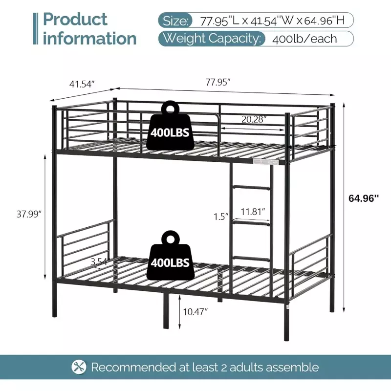 Marco de cama para niños, escalera plana y barandilla alta, litera de Metal con escaleras, marco de cama para niños