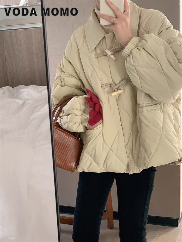 Mantel parka wanita Korea, mantel katun tebal hangat kasual longgar manis jaket Puffer polos musim dingin