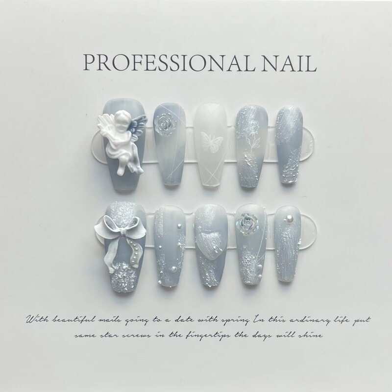 Blue Angel Handmade Nails Press on Full Cover Manicuree Angel Diamond False Nails Wearable Artificial With Tool Kit