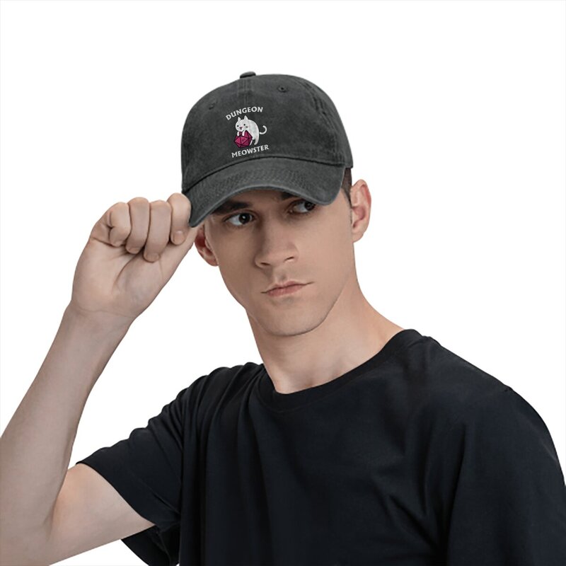 Topi bisbol pria yang dapat dicuci topi Baseball Dungeon Meowster Cat dengan D20 Trucker Snapback topi koboi topi ayah permainan DnD topi Golf