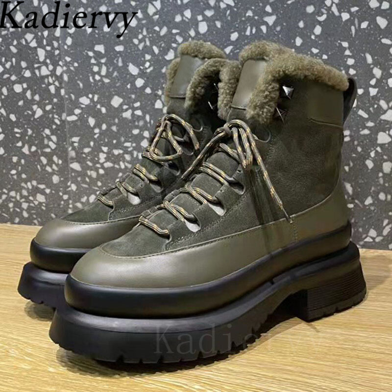 Thick Sole Fur Snow Boots Woman Suede Leather Patchwork Short Boots Female Lace Up Motorcycle Boots Wool Winter Shoes Women
