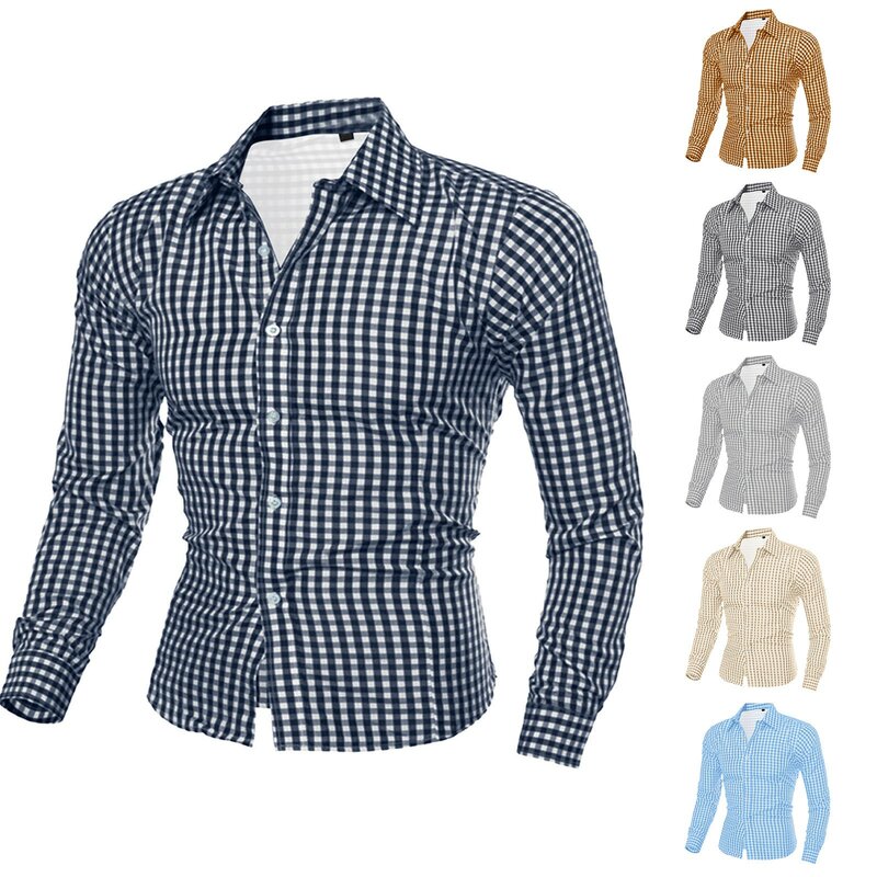 Рубашка мужская клетчатая с отложным воротником, однобортная приталенная деловая офисная, с длинным рукавом, для фитнеса, работы, весна-лето