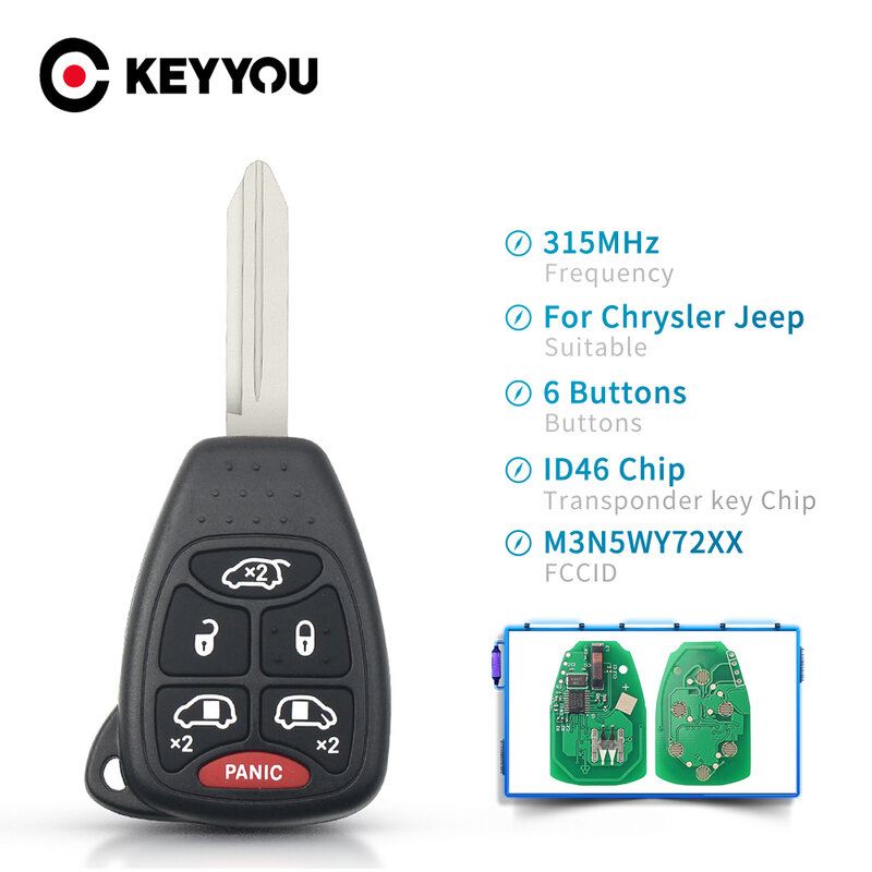 KEYYOU-Keyless remoto Key Fob, Fob para Dodge Grand Caravan Chrysler 300, Cidade e País 5 + 1, 6 botões, ID46, 315MHz, M3N5WY72XX