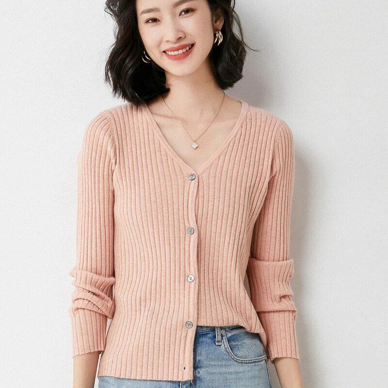 Wiosenny jesienny sweter damski średni grube przeszycie sweter wszechstronny Top koreański dekolt w szpic dół luźna bluza z długim rękawem Casual