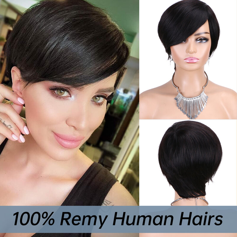Perucas de cabelo humano Remy sem cola para mulheres, peruca curta Pixie com Franja, cabelo preto real, barato, para uso diário, na moda