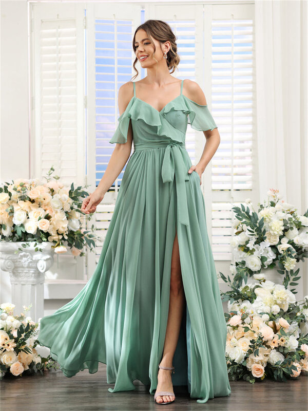 Women Off-the-Shoulder Chiffon Spaghetti Strap V-Neck Bridesmaid Dresses with Pockets A-Line Floor-Length Formal Party Gowns