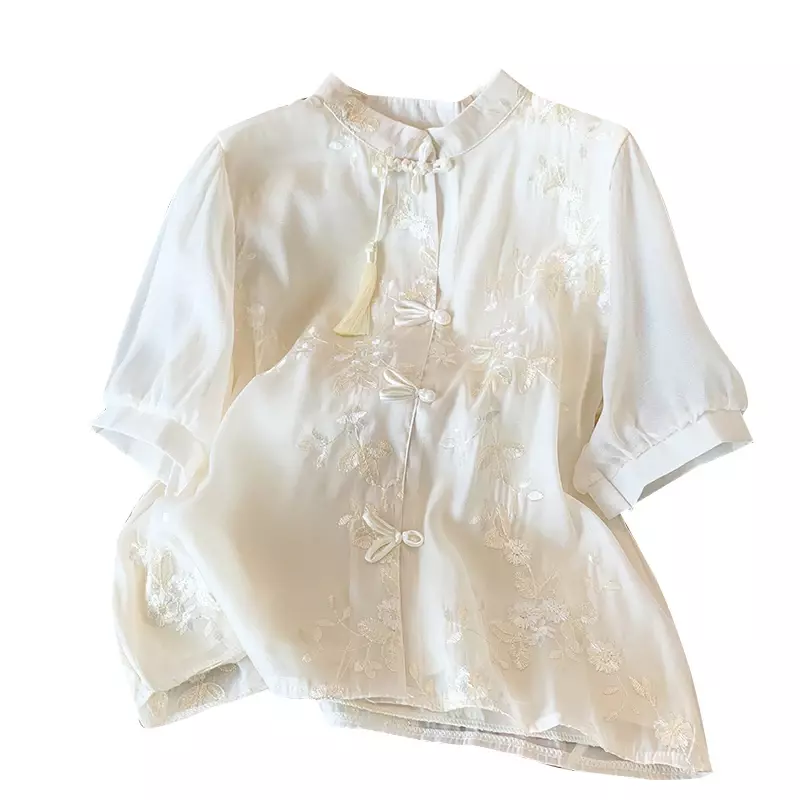 Шифоновая женская рубашка, летняя винтажная блузка с вышивкой, свободные женские топы в китайском стиле, модная одежда с коротким рукавом YCMYUNYAN