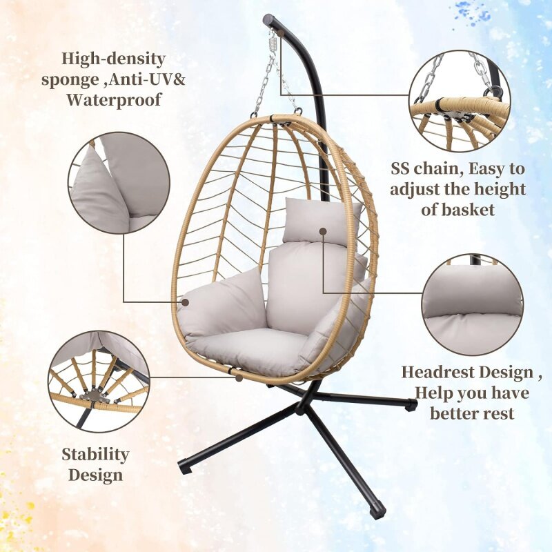 Pendurado Egg Cadeira com Suporte, Hammock Pátio, Swing Chair, Cesta de vime do Rattan, Altura ajustável, Resistente UV, Uso interior e exterior, 3
