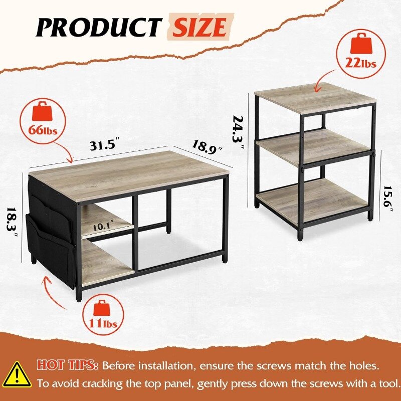 Coffee Table for Living Room,Adjustable Coffee Table Set of 2 with End Table,Small Industrial Coffee Table