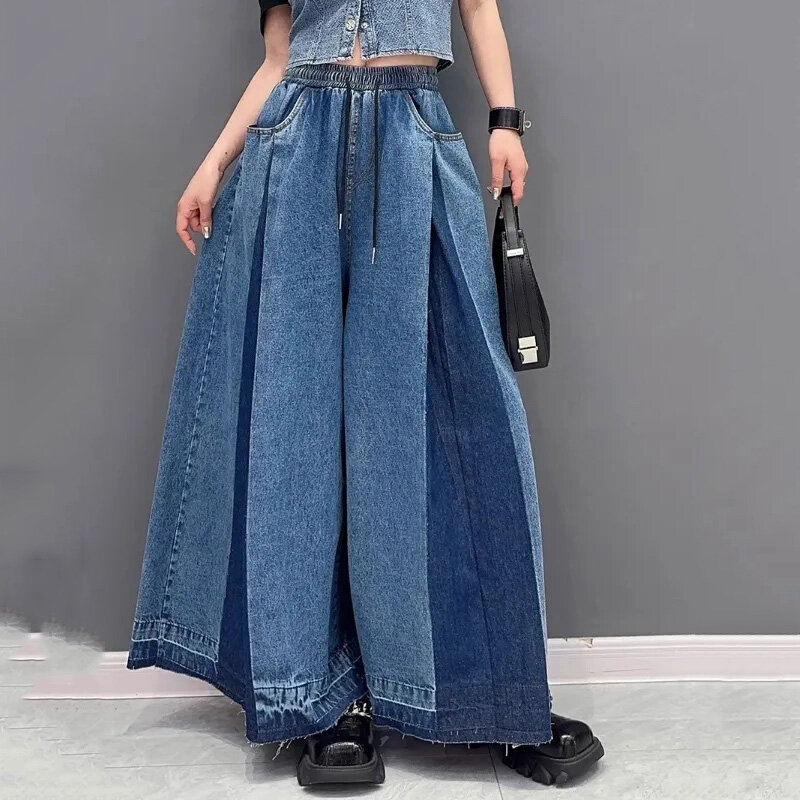Contrast High Waisted Streetwear Denim Wide Leg Pants Woman Autumn And Winter Retro Patchwork Drawstring Do Old Jeans New ﻿