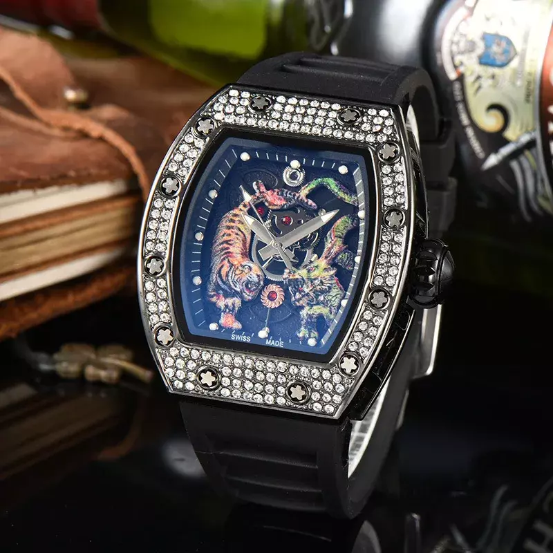 Часы наручные мужские автоматические, модные многофункциональные люксовые светящиеся с 3 контактами, с алмазным рисунком дракона, тигра, ААА, 2024