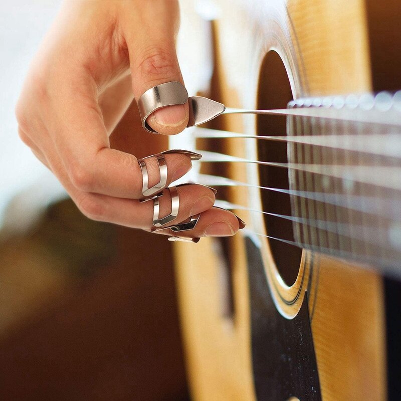 8 pçs guitar polegar dedo picaretas de guitarra em aço inoxidável com caixa de plástico para guitarra elétrica baixo ukulele (prata)