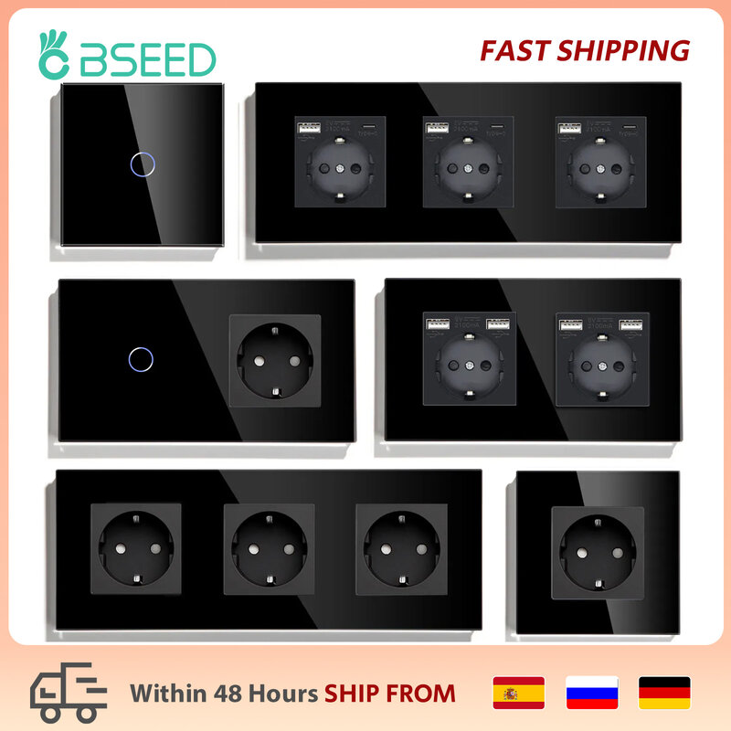BSEED Touch Light Switch With EU USB Wall Sockets Black Wall Led Switches 1/2/3Gang 1Way Crystal Dark Blue Backlight Wall Switch
