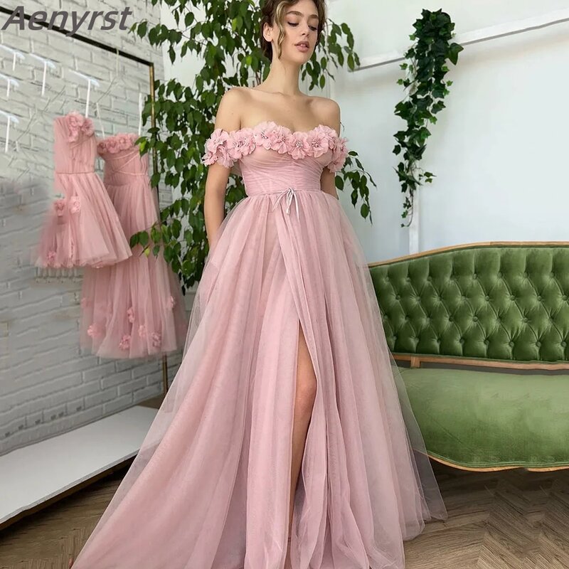 Aenyrst rosa 3d Blume Tüll a-Linie Ballkleider von der Schulter hoch geschlitzte Brautjungfer Abendkleider formelle Party kleider