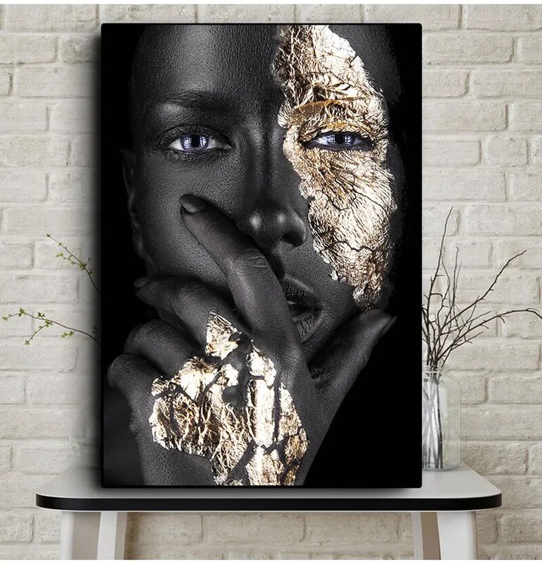 Dân Cetakan Gambar Seni Dinding Skandinavia untuk Ruang Tamu Seni Afrika Hitam Dân Emas Wanita Lukisan Minyak Di Atas Poster