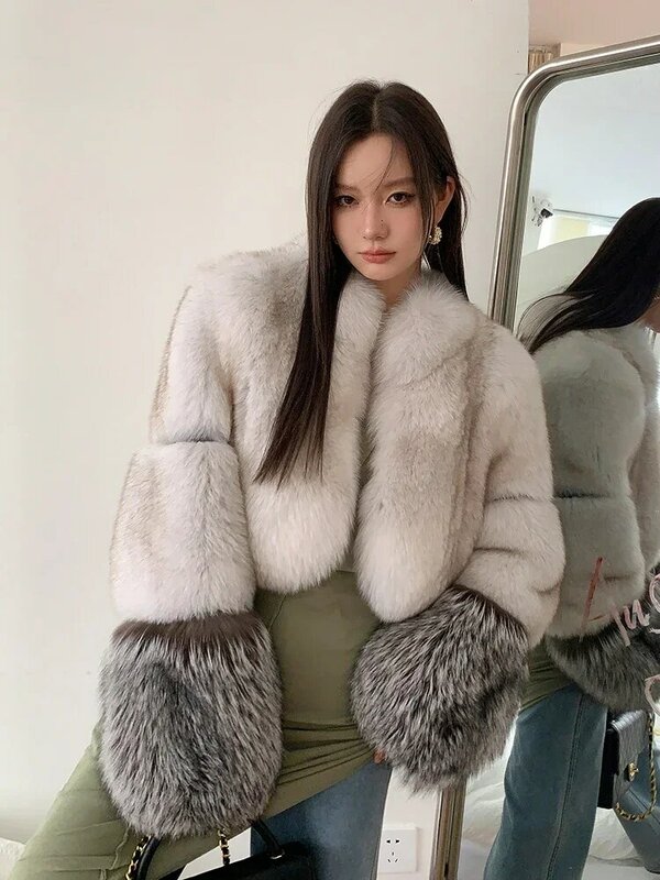 Luksusowy luksusowy płaszcz naturalne futro z lisa dla kobiet 2024 nowy elegancki, wąski, wysoki stan, puszysty kurtka z prawdziwego futra zimowy