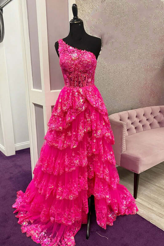 2024 New Sexy A-line Princess Tulle One Shoulder Skirt Split Dress Layered Lace Transparent Long Prom Dress
