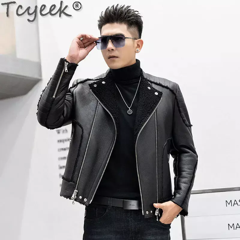 Tcyeek 2023 Winter Thickened Real Fur Coats Chic Genuine Leather Motorcycle Jacket Men Clothes Men's Natural Sheepskin Fur Coat