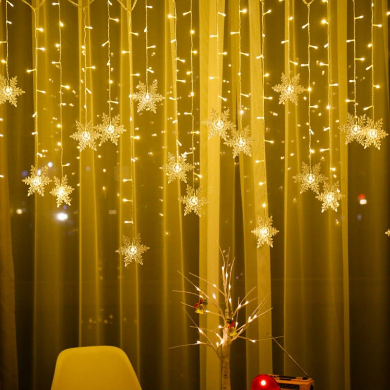 Рождественская светодиодная гирлянда со снежинками, мигающие сказочные огни, занавески, праздничное украшение для вечеринки и нового года
