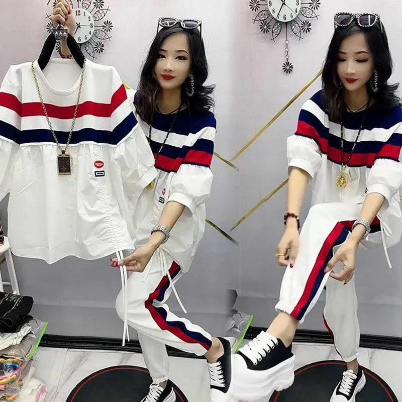 Fashionable Sportswear Set for Women's 2024 Summer New Oversized Loose Contrasting Color Patchwork Mid Sleeved Top Two-piece Set