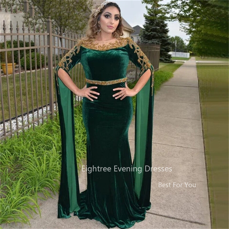 Vestidos de noite para mulheres, veludo frisado, mangas de capa, vestido de sereia árabe, verde, vestidos formais, elegante, 2022, 2024