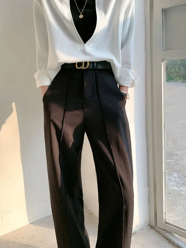 Calça larga de cintura alta feminina, branca, sólida, lazer, moda coreana, escritório elegante, verão, novo, 2024