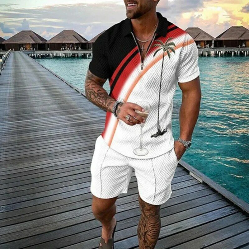 Fashion Summer Men's Tracksuit Short Sleeve Polo Shirt Set Coconut Tree 3D Print Clothing 2 Pieces Casual Suit Streetwear Outfit