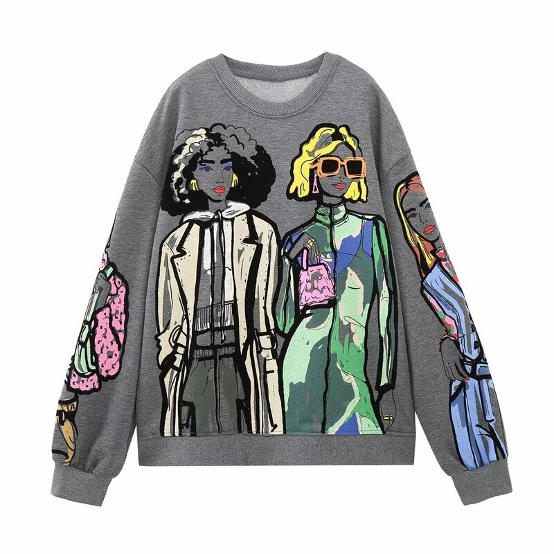 Women 2023 spring New Fashion Loose printing Sweatshirts Vintage O Neck Long Sleeve Female Pullovers Chic Tops